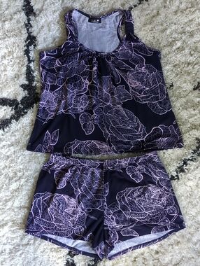 Bellina Racerback Tank & Shorts Pajama Set  Sz S Navy W/Pink Floral Print